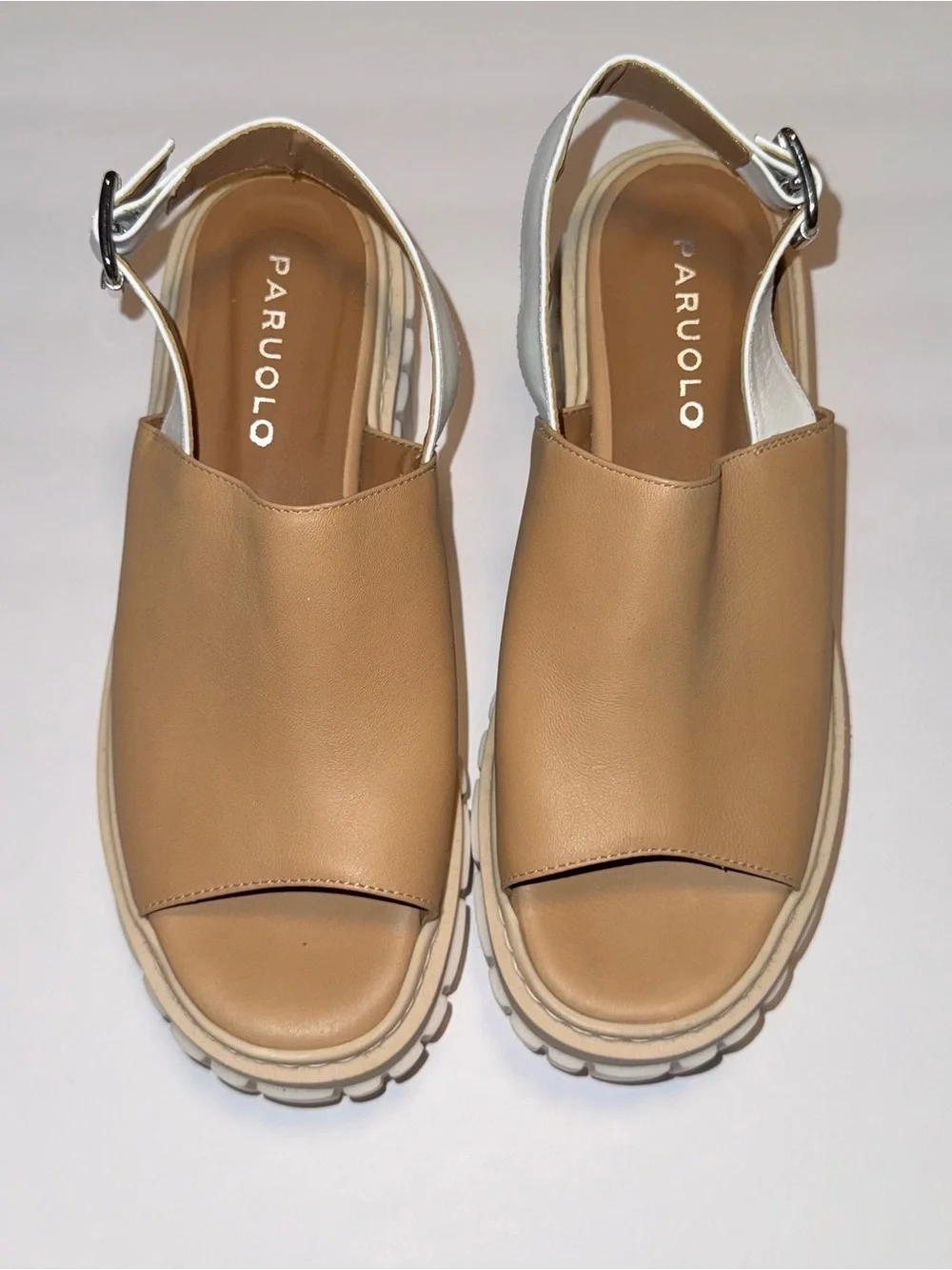 Platform Slingback Sandals in Tan and White